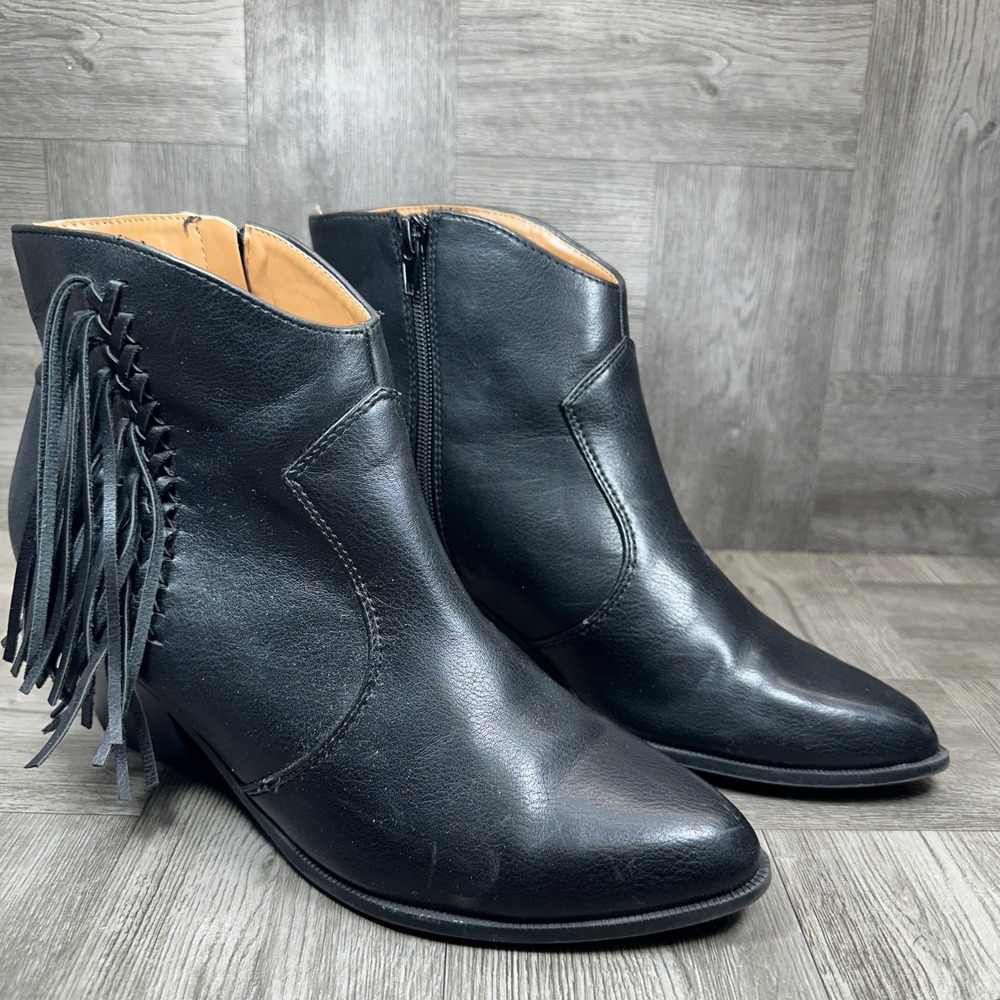 Indigo Rd Ankle Boots Womens 9 Black‎ Fringe Western Faux Leather Boho - Picture 5 of 12
